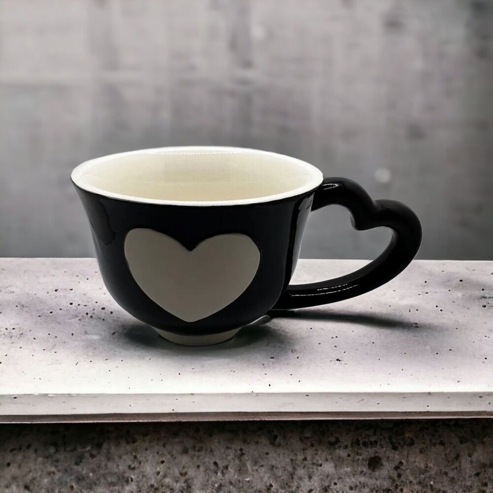Vintage PAI Black W/White Interior & Heart Shaped Handle Coffee/Tea Mug